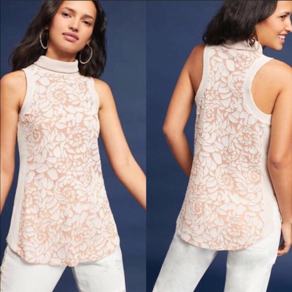 Anthro Meadow Rue Sleeveless Turtleneck Floral Detail Size XL